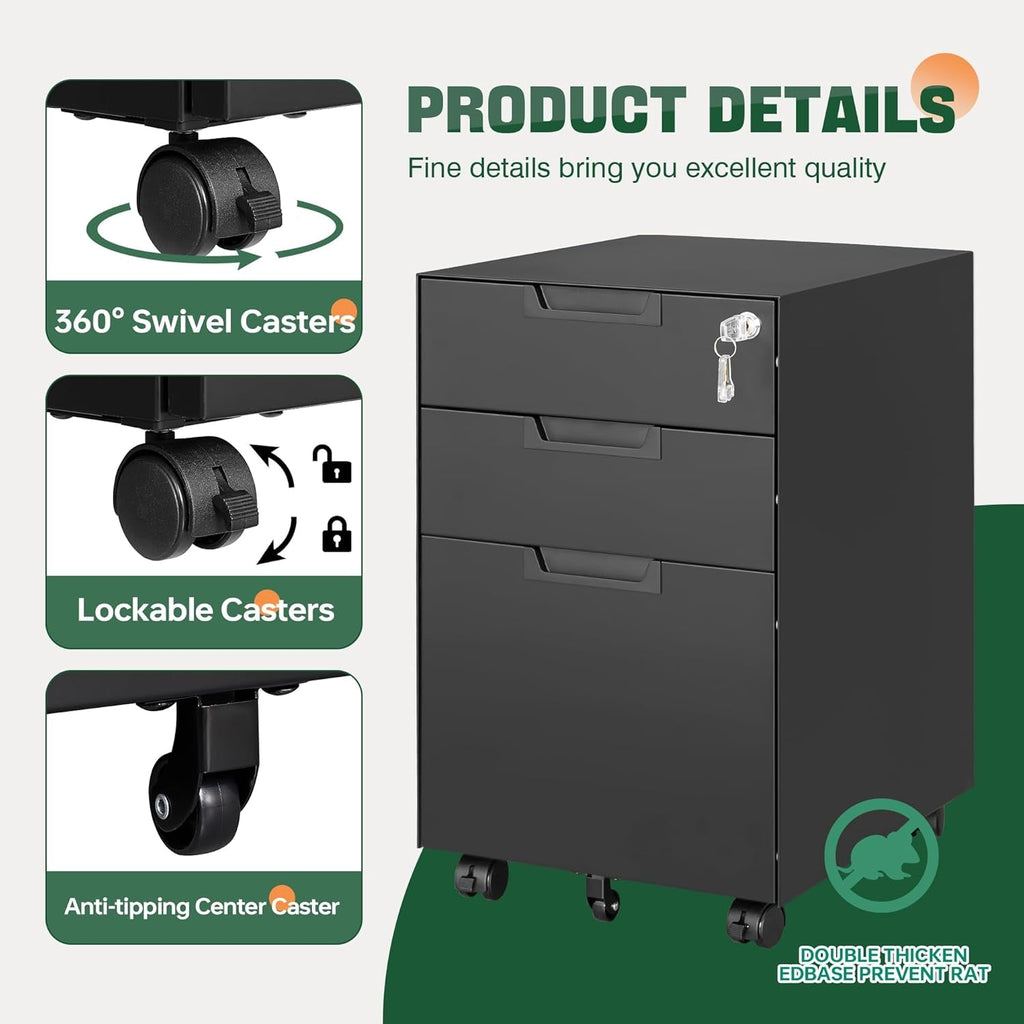 3 Drawer Mobile File Cabinet With Lock In Black Metal Under Desk Organizer For Letters Legal A4