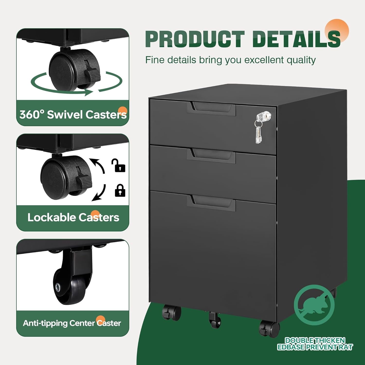 3 Drawer Mobile File Cabinet With Lock In Black Metal Under Desk Organizer For Letters Legal A4