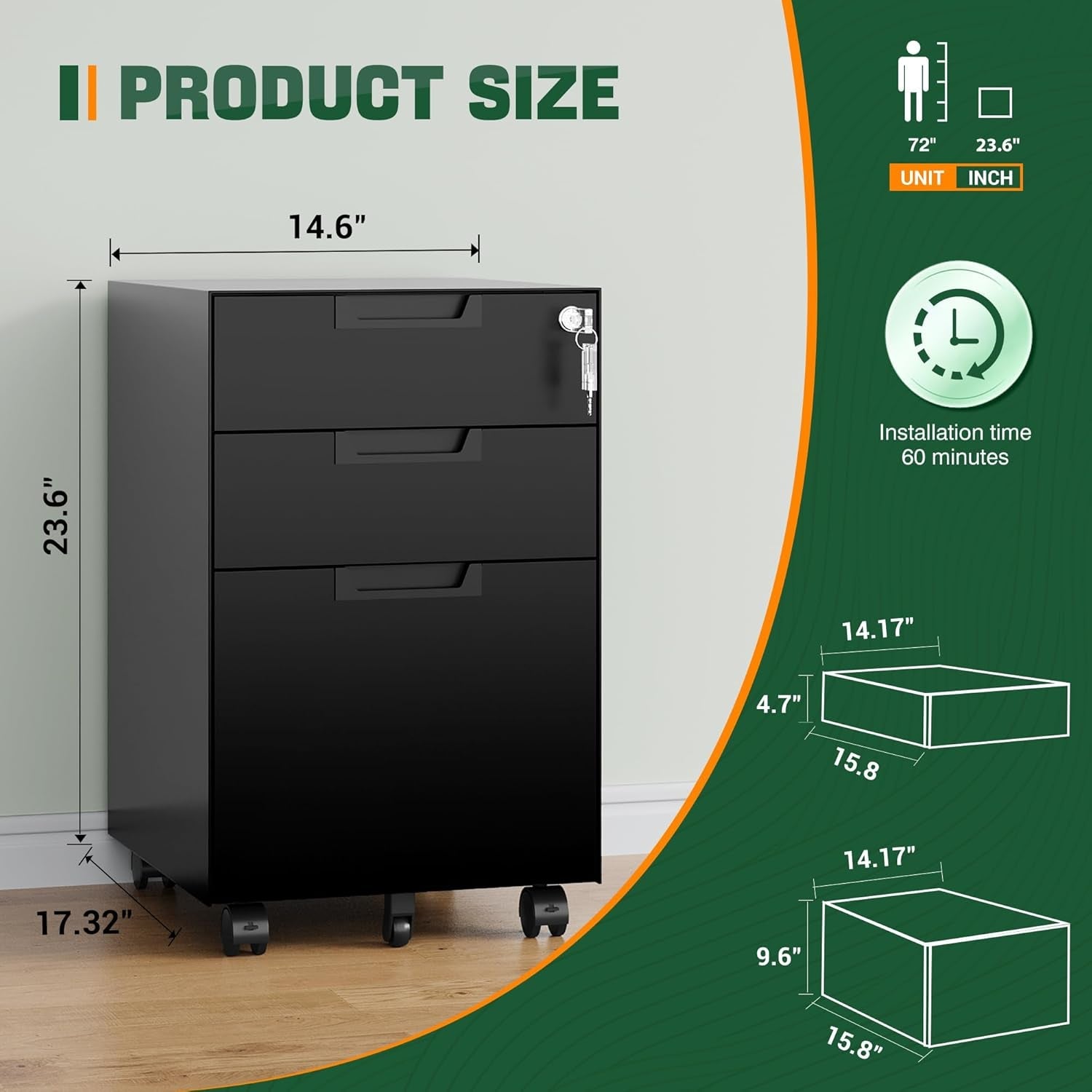 3 Drawer Mobile File Cabinet With Lock In Black Metal Under Desk Organizer For Letters Legal A4