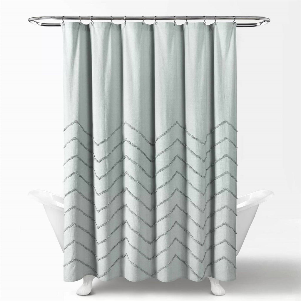 72-inch Pastel Blue Chenille Cotton Shower Curtain with Chevron Pattern-0