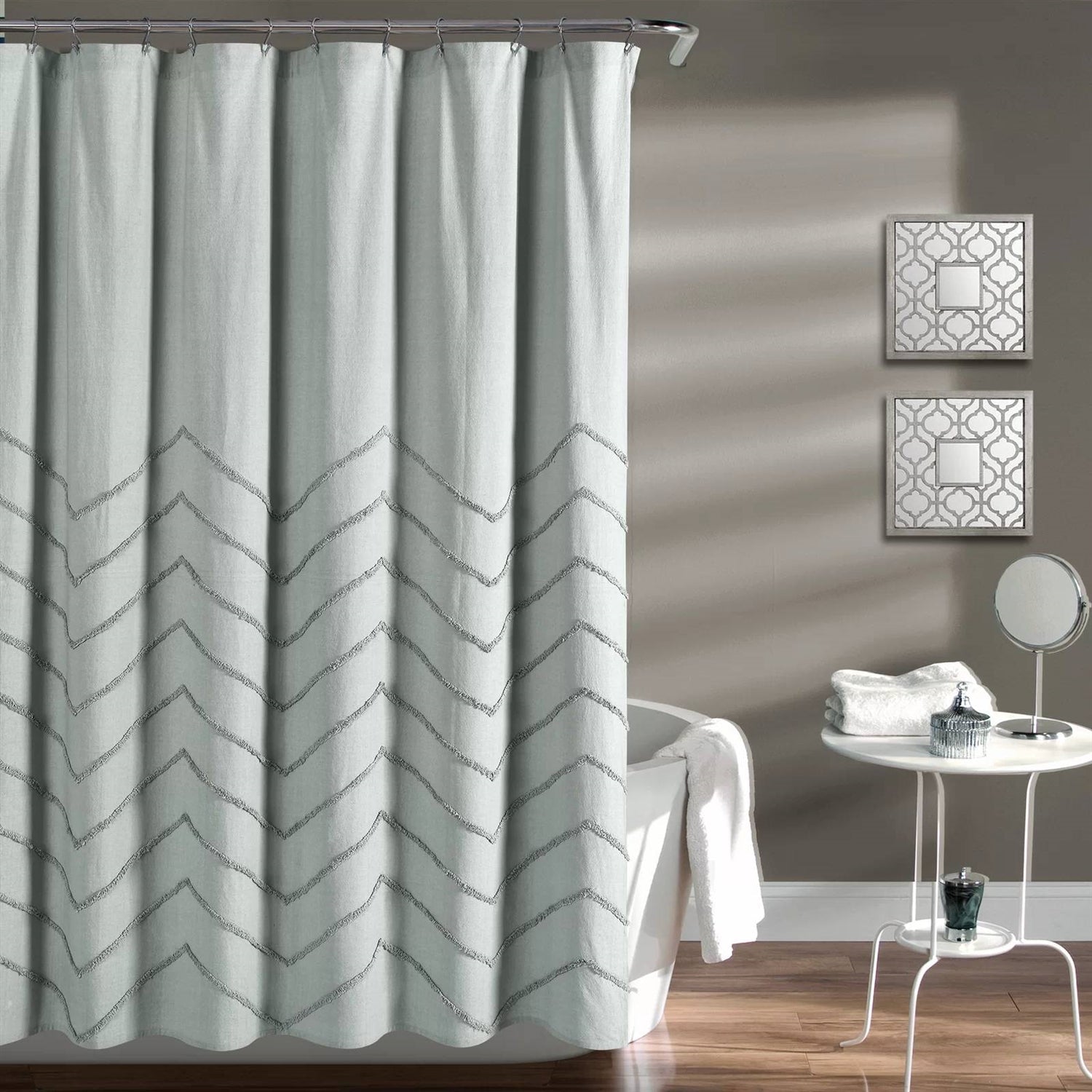 72-inch Pastel Blue Chenille Cotton Shower Curtain with Chevron Pattern-3