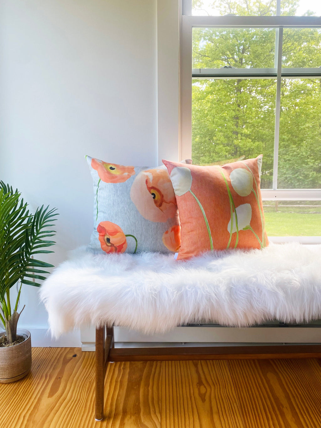 Throw Pillow: Cream Flowers on Orange