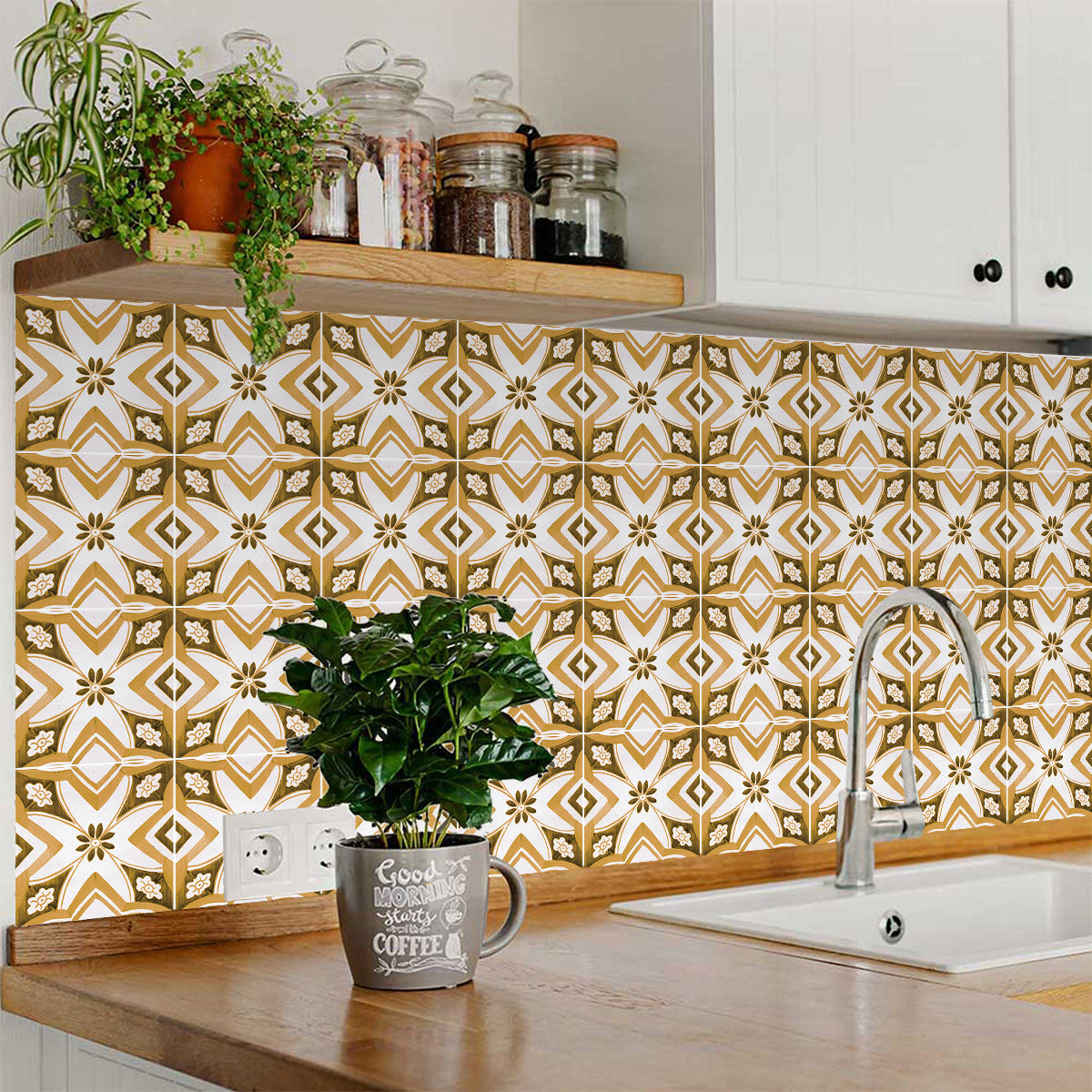 White and Orange Beautiful Backsplash Retro pattern tile stickers Model - V33-2